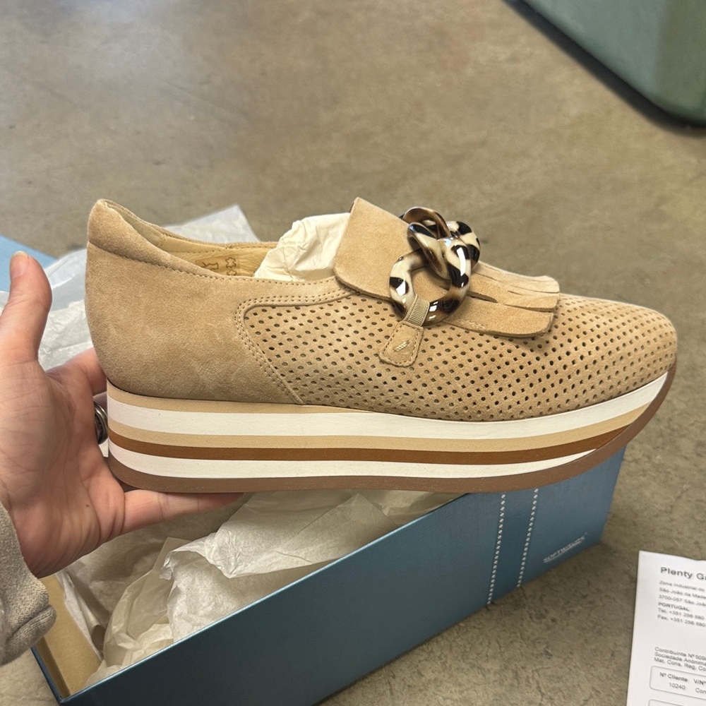 Beige Suede Perforated Platform Loafer with Chain Accent